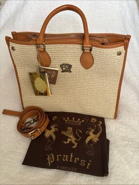 Pratesi Firenze S270 Woven Tote Crossbody NWT Cream Leather Trim Made in Italy